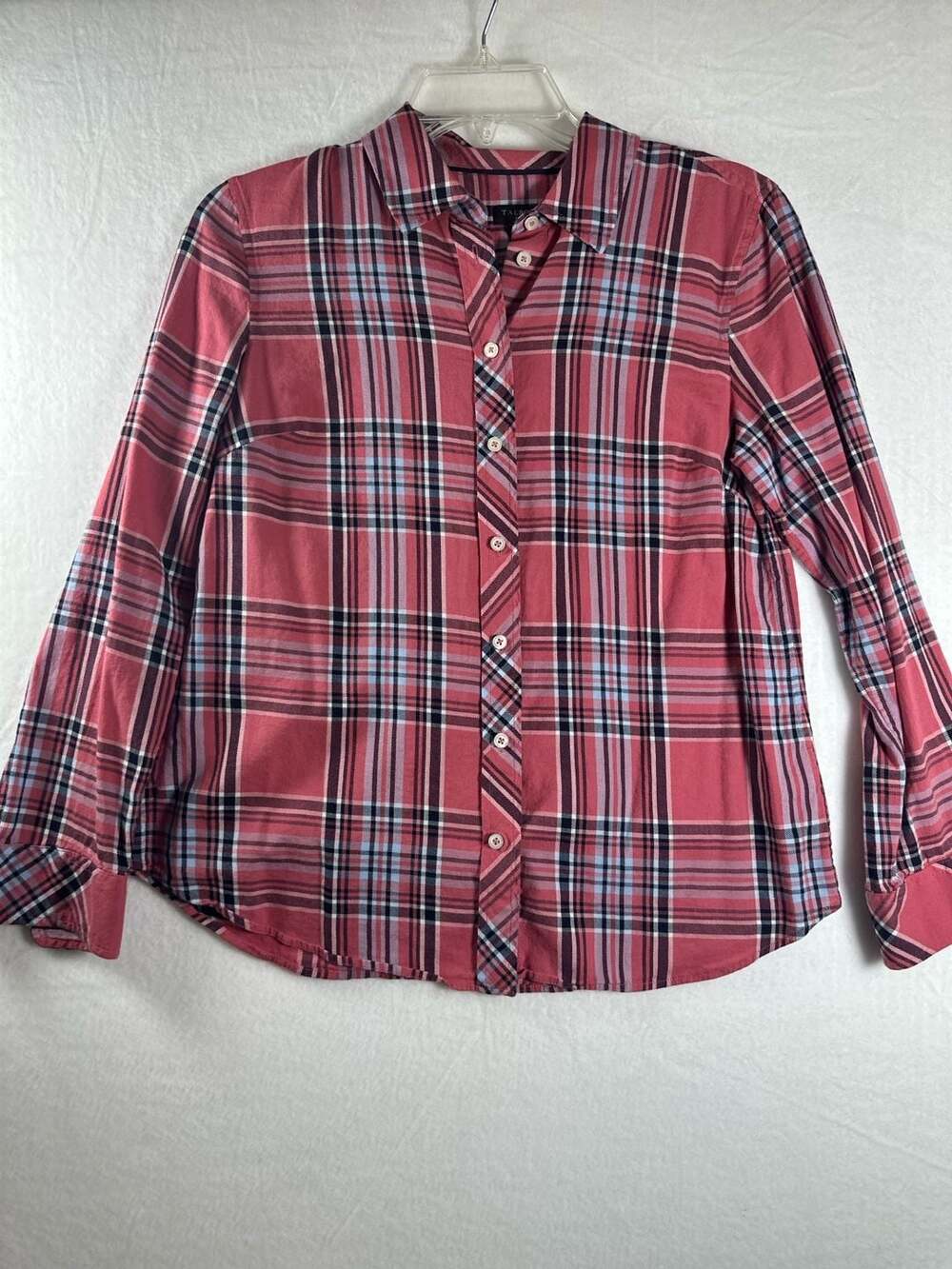 Talbots Petite Small SP Salmon Pink Plaid Classic Long Sleeve Button Front Cotto